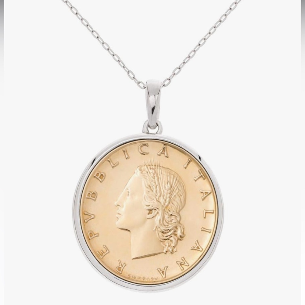 Italian 925 Sterling Silver Genuine20-Lira Medallion Coin Chain Pendant Necklace